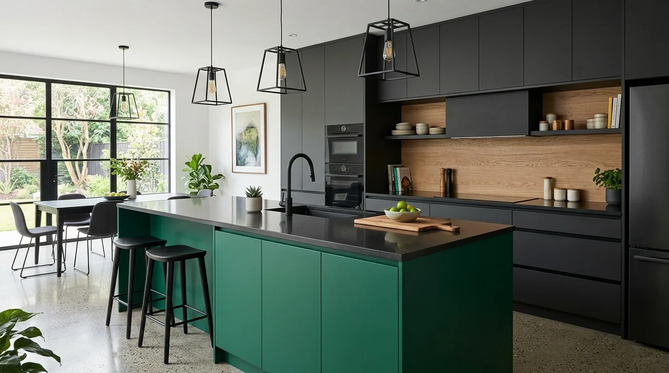 Let the island carry a stronger or softer green moment inspiration for a green kitchen.
